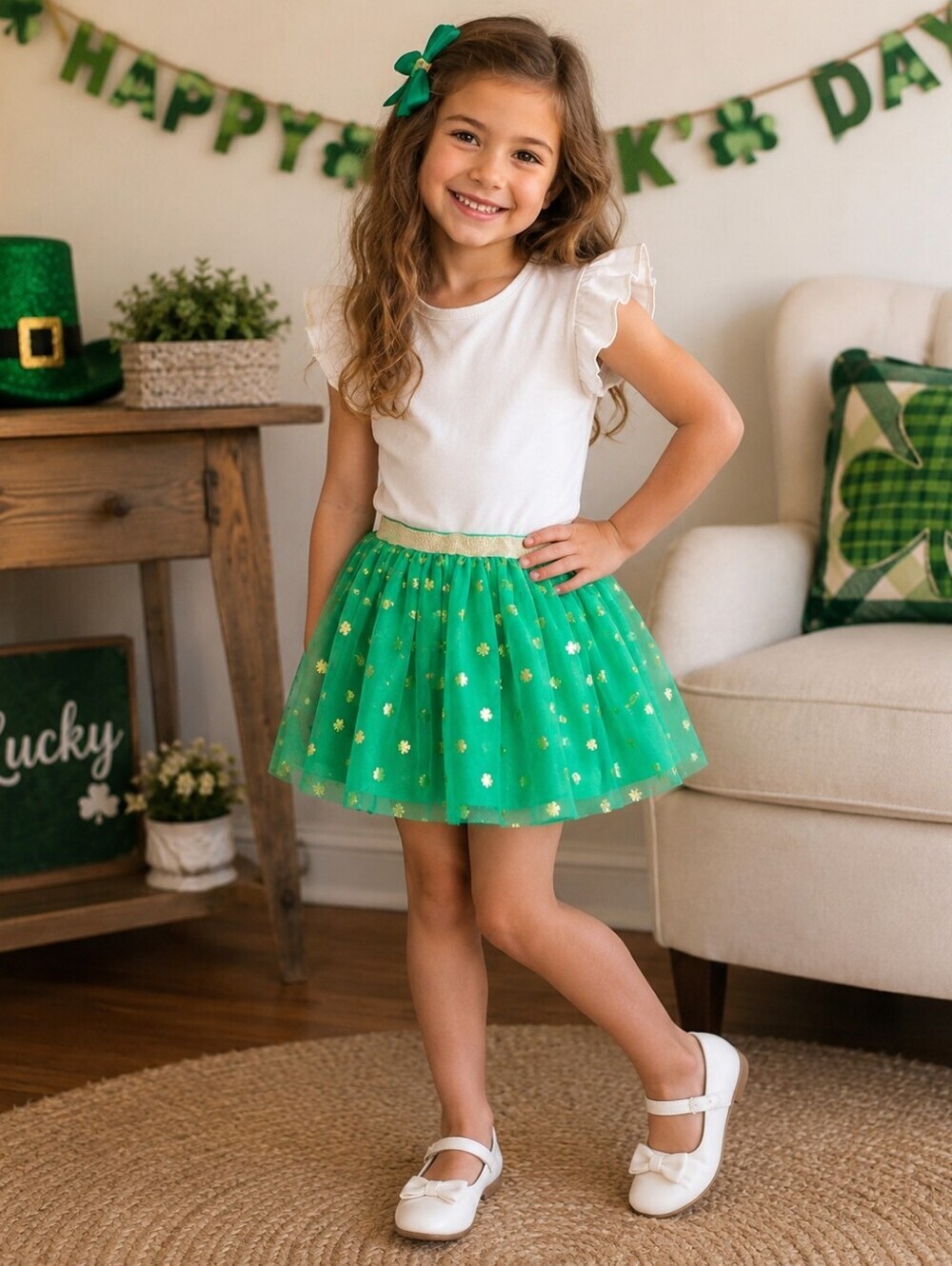 Cat & Jack New Shamrock Green & Gold Tutu Skirt Girls Small (6/7) Dance Dress up